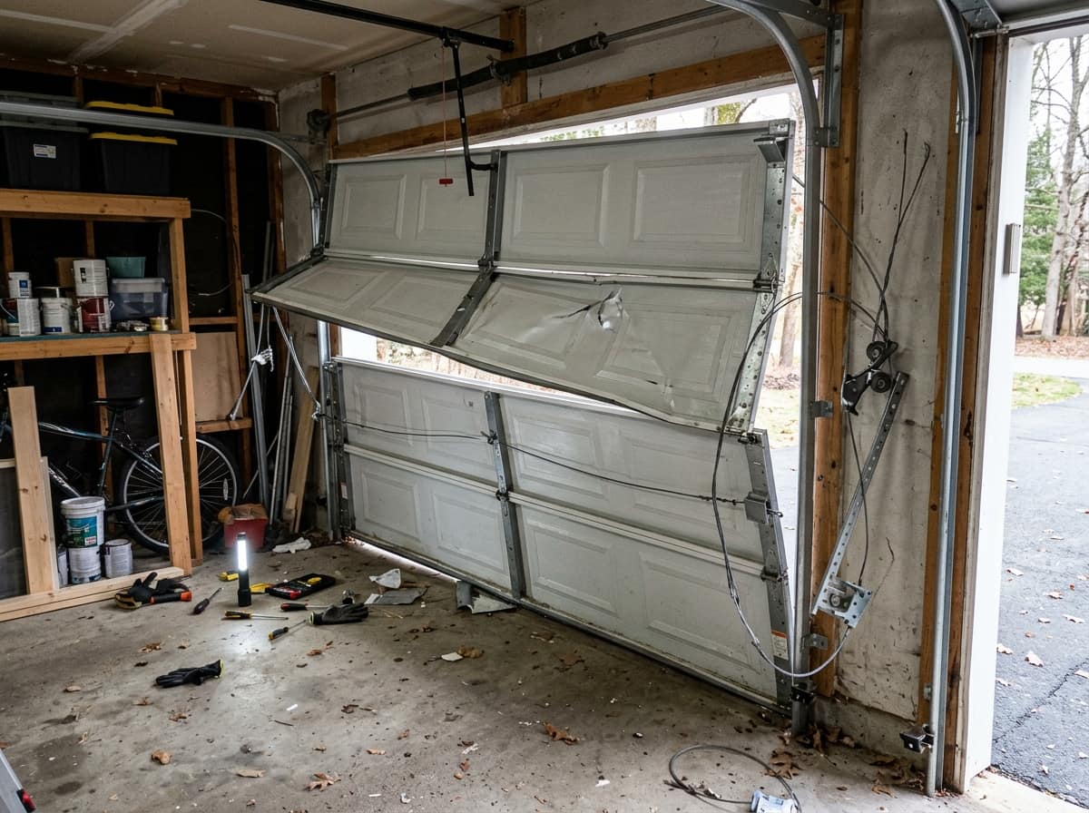 A garage door stopped partway up its tracks while a technician inspects the rollers and spring